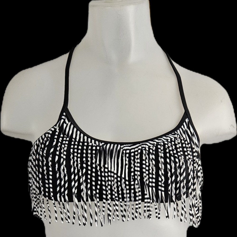 PINK Black and White Fringe Bikini Top